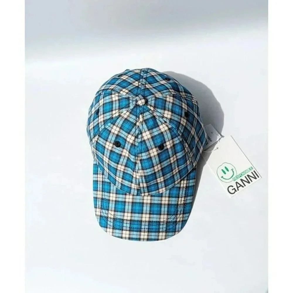 Ganni Unisex Cotton Canvas Baseball Cap Check Azure Blue (MSRP $95)